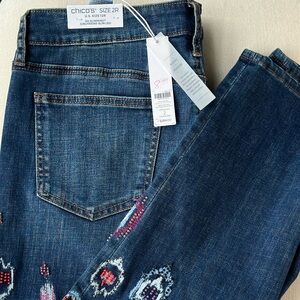 NWT Chico's So Slimming Girlfriend Slim Leg Ankle Size 12R Artistic Embroidered